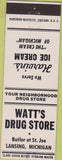 Matchbook Cover - Watt's Drug Store Lansing MI Harvin's Ice Cream