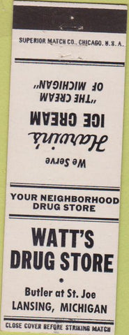 Matchbook Cover - Watt's Drug Store Lansing MI Harvin's Ice Cream