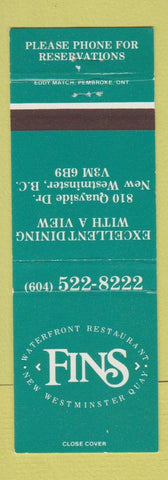 Matchbook Cover - Fins Restaurant New Westminster BC