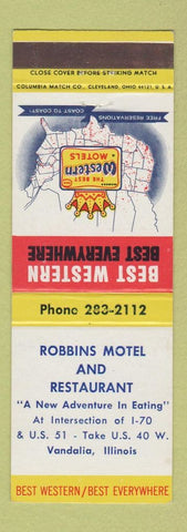 Matchbook Cover - Robbins Motel Restaurant Vandalia IL Best Western