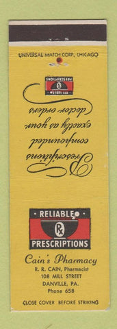 Matchbook Cover - Cain's Pharmacy Drug Store Danville PA low phone #