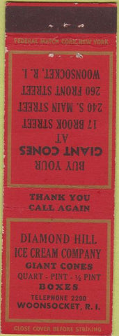 Matchbook Cover - Diamond Hill Ice Cream Woonsocket RI Federal
