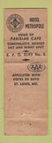 Matchbook Cover - Hotel Metropole Cincinnati OH