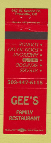 Matchbook Cover - Gee's Family Restaurant Prineville OR