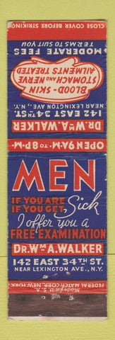Matchbook Cover - Dr Walker New York City FEDERAL LONG WORN