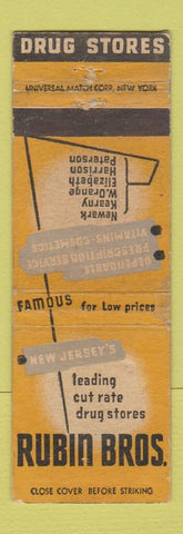Matchbook Cover - Rubin Bros Drug Stores Newark Paterson Elizabeth NJ WEAR