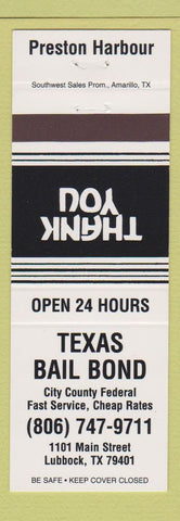Matchbook Cover - Texas Bail Bond Lubbock TX Preston Harbour WHITE