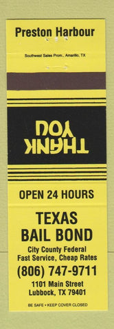 Matchbook Cover - Texas Bail Bond Lubbock TX Preston Harbour YELLOW