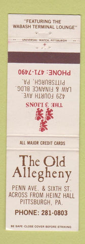 Matchbook Cover - Old Allegheny Pittsburgh PA 3 Lions WEAR