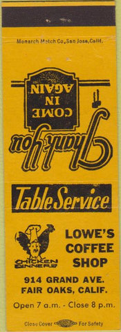 Matchbook Cover - Lowe's Coffee Shop Fair Oaks CA