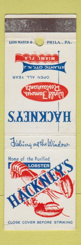 Matchbook Cover - Hackney's Lobster Restaurant Atlantic City NJ Miami FL