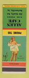 Matchbook Cover - Allen Cafe Bartonville IA low phone # pinup SAMPLE WEAR