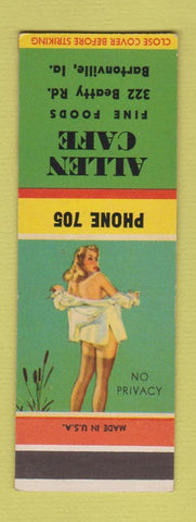 Matchbook Cover - Allen Cafe Bartonville IA low phone # pinup SAMPLE WEAR