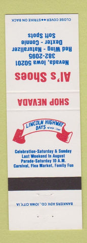 Matchbook Cover - Al's Shoes Nevada IA Dexter Red Wing Lincoln Highway Days