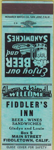 Matchbook Cover - Fiddler's Inn Fiddletown CA