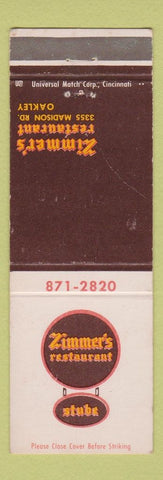Matchbook Cover - Zimmer's Restaurant Oakley MI WEAR