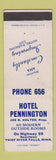 Matchbook Cover - Hotel Pennington Thief River Falls MI low phone # WEAR