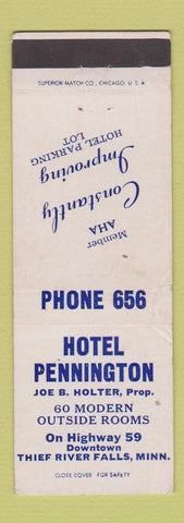 Matchbook Cover - Hotel Pennington Thief River Falls MI low phone # WEAR
