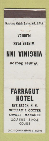Matchbook Cover - Farragut Hotel Rye Beach NH Virginia Inn Winter Park FL