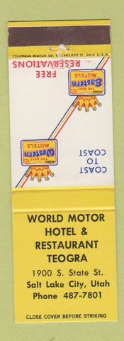 Matchbook Cover - World Motor Hotel Restaurant Teogra Salt Lake City UT