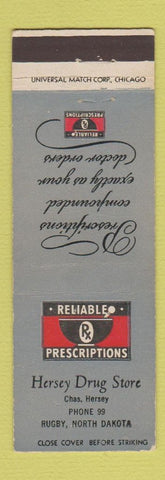 Matchbook Cover - Hersey Drug Company Rugby ND low phone #