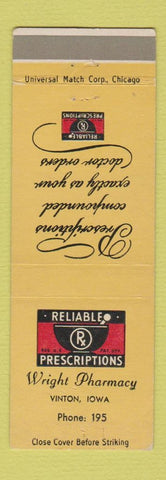 Matchbook Cover - Wright Pharmacy Drug Store Vinton IA low phone #
