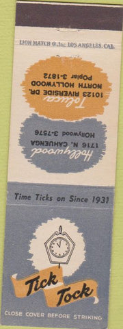 Matchbook Cover - Tick Tock Hollywood Toluca CA clocks