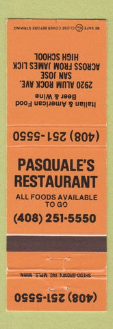 Matchbook Cover - Pasquale's Restaurant San Jose CA