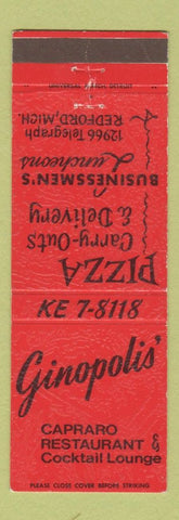 Matchbook Cover - Ginopolis' Capraro Restaurant Redford MI Pizza