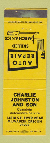 Matchbook Cover - Charlie Johnston and Son Auto Repair Milwaukie OR YELLOW