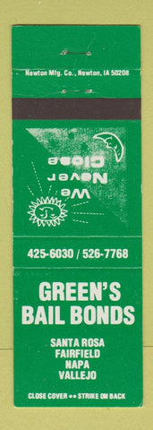 Matchbook Cover - Green's Bail Bonds Santa Rosa Fairfield Napa Vallejo CA