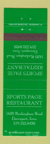 Matchbook Cover - Sports Page Restaurant Davenport IA