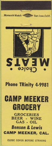 Matchbook Cover - Camp Meeker Grocery gas oil CA yellow