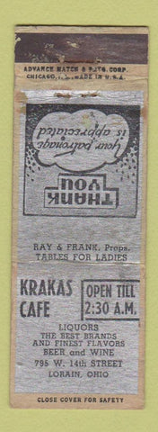 Matchbook Cover - Krakas Cafe Lorain OH ADVANCE WORN