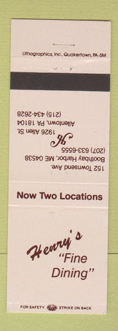 Matchbook Cover - Henry's Fine Dining Allentown PA Boothbay Harbor ME