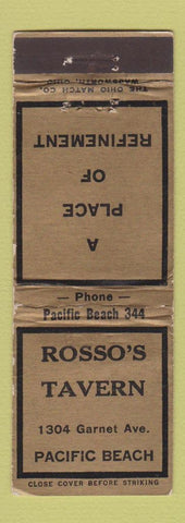 Matchbook Cover - Rosso's Tavern Pacific Beach low phone # San Diego CA WEAR
