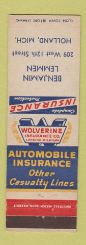 Matchbook Cover - Wolverine Insurance Benjamin Lemmen Holland MI