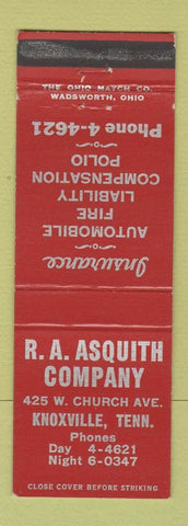 Matchbook Cover - RA Asquith Company Knoxville TN Insurance WEAR