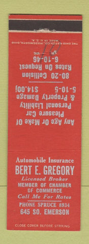 Matchbook Cover - Bert Gregory Insurance