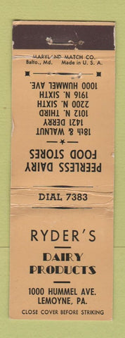 Matchbook Cover - Ryder's Dairy Products Lemoyne PA WORN