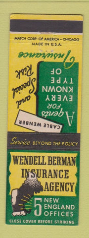 Matchbook Cover - Wendell Berman Insurance Boston Lawrence MA Portland ME