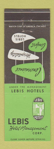 Matchbook Cover - Lebis Hotels New York City Syracuse Baltimore New Haven