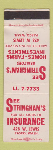 Matchbook Cover - Stringham's Real Estate Insurance Pasco WA WORN