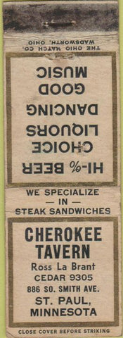 Matchbook Cover - Cherokee Tavern St Paul MN WORN
