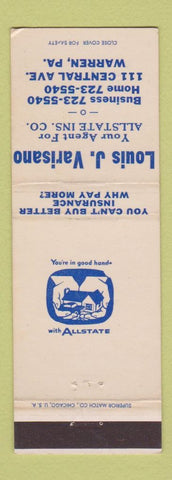 Matchbook Cover - Louis J Varisano Insurance Allstate Warre PA