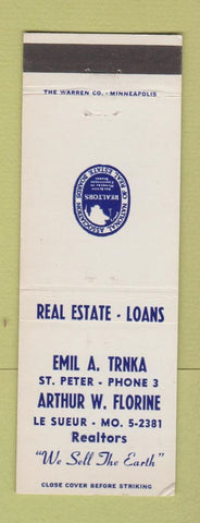 Matchbook Cover - Emil Trnka Real Estate Arthur Florine St Peter Le Sueur MO