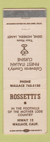 Matchbook Cover - Rossetti's Restaurant Italian Wallace CA WEAR