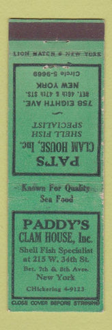Matchbook Cover - Paddy's Clam House New York City