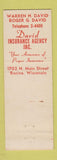 Matchbook Cover - Warren Roger David Insurance Racine WI