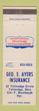 Matchbook Cover - American States Insurance Geo Ayers Tallmadge OH